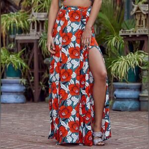 LULUS Back to Your Roots Red Floral Print Maxi Skirt Vacation Cruise Tropical
